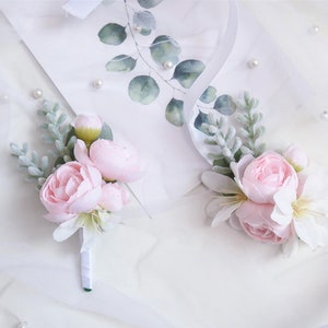Artificial Baby pink Dusty Green Corsage Wedding Corsage Bride Bridesmaid Corsage Gents Boutonniere Set Grooms Buttonhole Prom