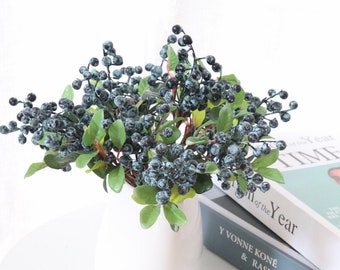 5 stems Artificial Blueberry Stem Fake Red berry Spray Green Faux Flower Arrangement Autumn Flower Wedding Decor Centerpiece