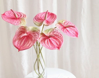 3 stems Artificial Anthurium Pink Real Touch Fake Tropical Flower Burgundy White Leaves Plant Decor Wedding Bouquet Flower Arrangement