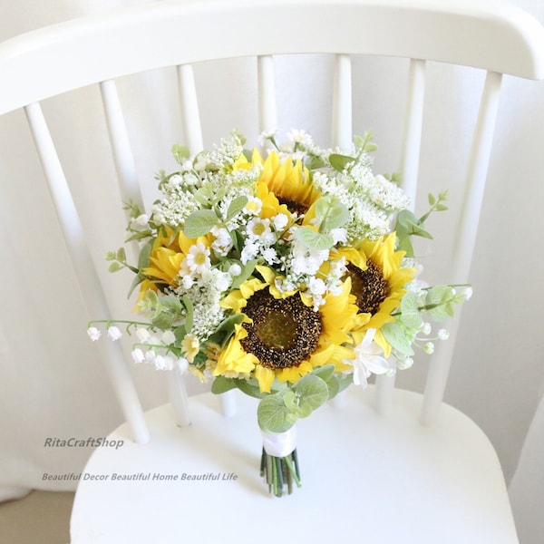 Sunflower Bouquet Yellow and White Bouquet Boho Wedding Wild Flower Babysbreath Daisy Silk Flower Rustic Bouquet Summer Fall Wedding