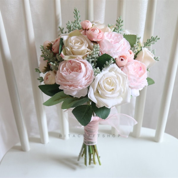 Artificial Pink Wedding Bouquet Pink and White Rose Bouquet Bridal Bridesmaid Bouquet Set Spring Summer Wedding Silk Flower Bouquet