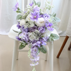 Light Purple and White Cascade Bouquet/ Light Purple White/ Lilac Wedding Bouquet /Lavender Rose Lamb's Ear Leaves