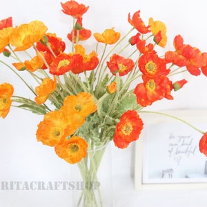5 stems Silk Poppy Stem Fake Poppy Orange Red Faux Flower Yellow Artificial Flower Arrangement Home Decor Centerpiece Wedding Decoration