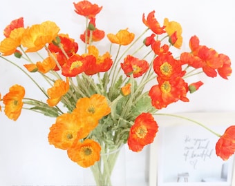 5 stems Silk Poppy Stem Fake Poppy Orange Red Faux Flower Yellow Artificial Flower Arrangement Home Decor Centerpiece Wedding Decoration