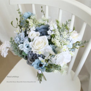Dusty Blue and White Wedding Bouquet with Eucalyptus Leaves Sage Green Boho Cascade Wedding Flower Bouquet Set Arch Flower Garland