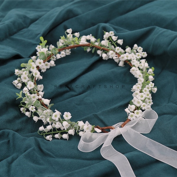 Artificial Lily Of The Valley Flower Crown White Bridesmaid Rustic Wedding Woodland Bride Hair Wreath Floral Halo Bridal Shower Boho WR001