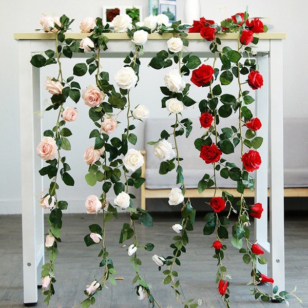 Artificial Rose Garland Fake Hanging Flower Vines Faux Rose Wedding Backdrop Wall Decor Arch Arrangement