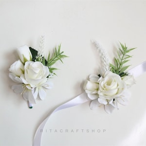 Artificial White Corsage Wedding Corsage Bride Bridesmaid Corsage Gents Boutonniere Set Grooms Buttonhole Prom