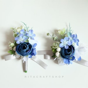 Artificial Dusty Blue and White Corsage Wedding Corsage Bridesmaid Corsage Gents Boutonniere Groom Buttonhole Prom Corsage