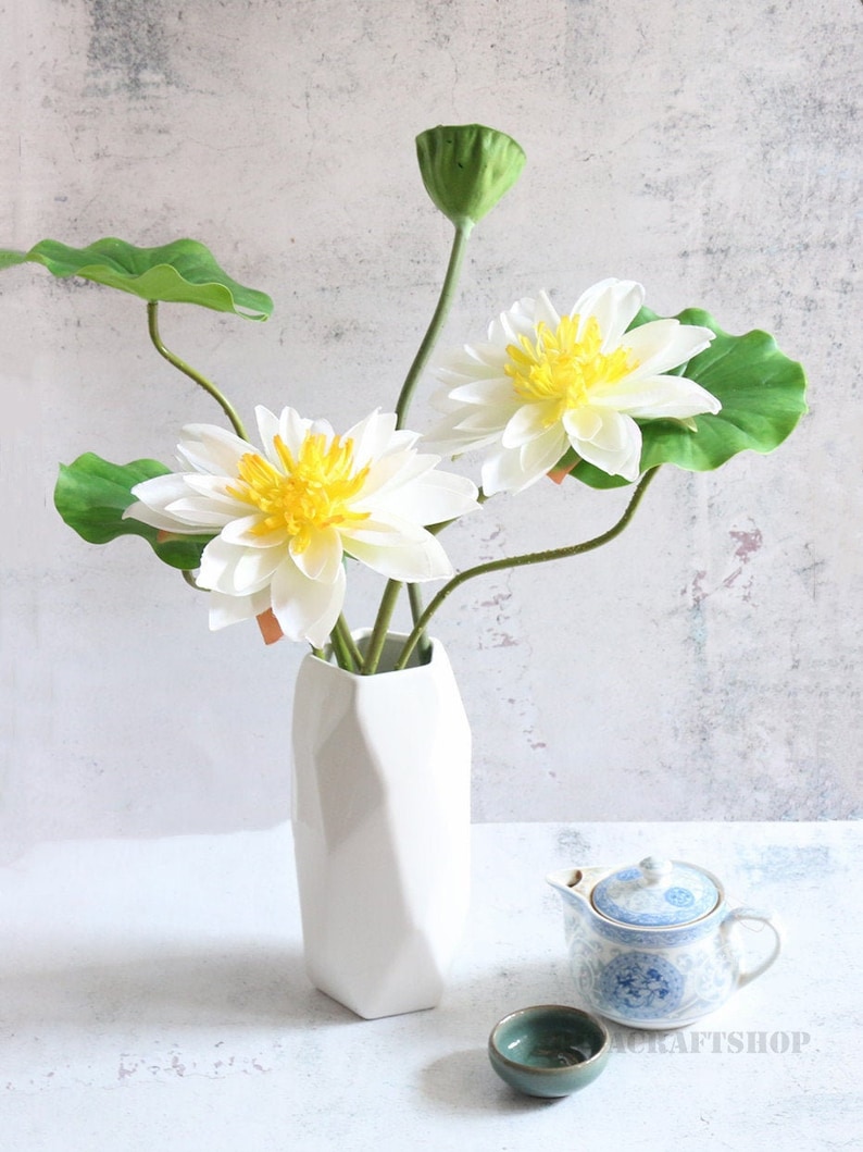 Artificial Lotus Flower White Faux Tropical Plants Stems Fake Etsy
