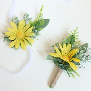 Artificial Daisy Corsage White Yellow Chrysanthemum Corsage Wedding Bride Bridesmaid Gents Boutonniere Set Grooms Buttonhole Prom G25