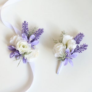 Artificial White and Purple Corsage Lavender Wedding Corsage Bridal Bridesmaid Corsage Gents Boutonniere Set Grooms Buttonhole Prom