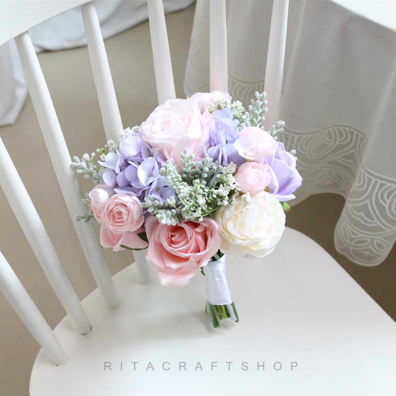 Artificial Pink Purple and White Wedding Bouquet Rose Sage Green Lilac Babypink Bouquet Bridal Bridesmaid Bouquet Set Spring Wedding