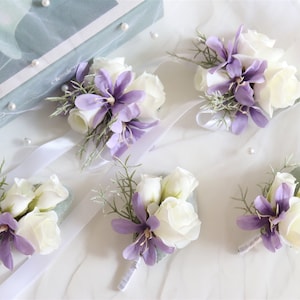 Artificial Light Purple Corsage Lavender Wedding Corsage Bridal Bridesmaid Corsage Gents Boutonniere Set Grooms Buttonhole Prom