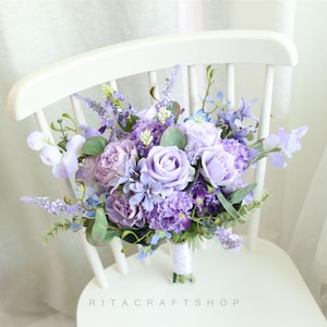 Lila und Blauer Blumenstrauß / Lavendel Wilde Blumen Rose Hortensie / Flieder Hochzeitsstrauß / Boho Rustikale Hochzeit /
