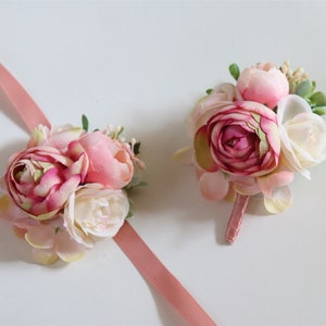 Blush Pink Rose Corsage Wrist Corsage Wedding Bridal Bridesmaid Corsage Grooms Men&#39;s Boutonniere Set Gents Buttonhole Mother&#39;s Prom YG003