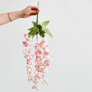 Pu&ograve; includere: Un lungo filo di fiori di glicine artificiali con fiori rosa e bianchi. I fiori pendono a cascata.