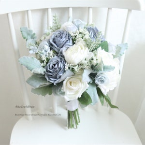 Dusty Blue and White Wedding Bouquet with Lamb's Ear Leaves Sage Green Boho Wedding Flower Bouquet Set