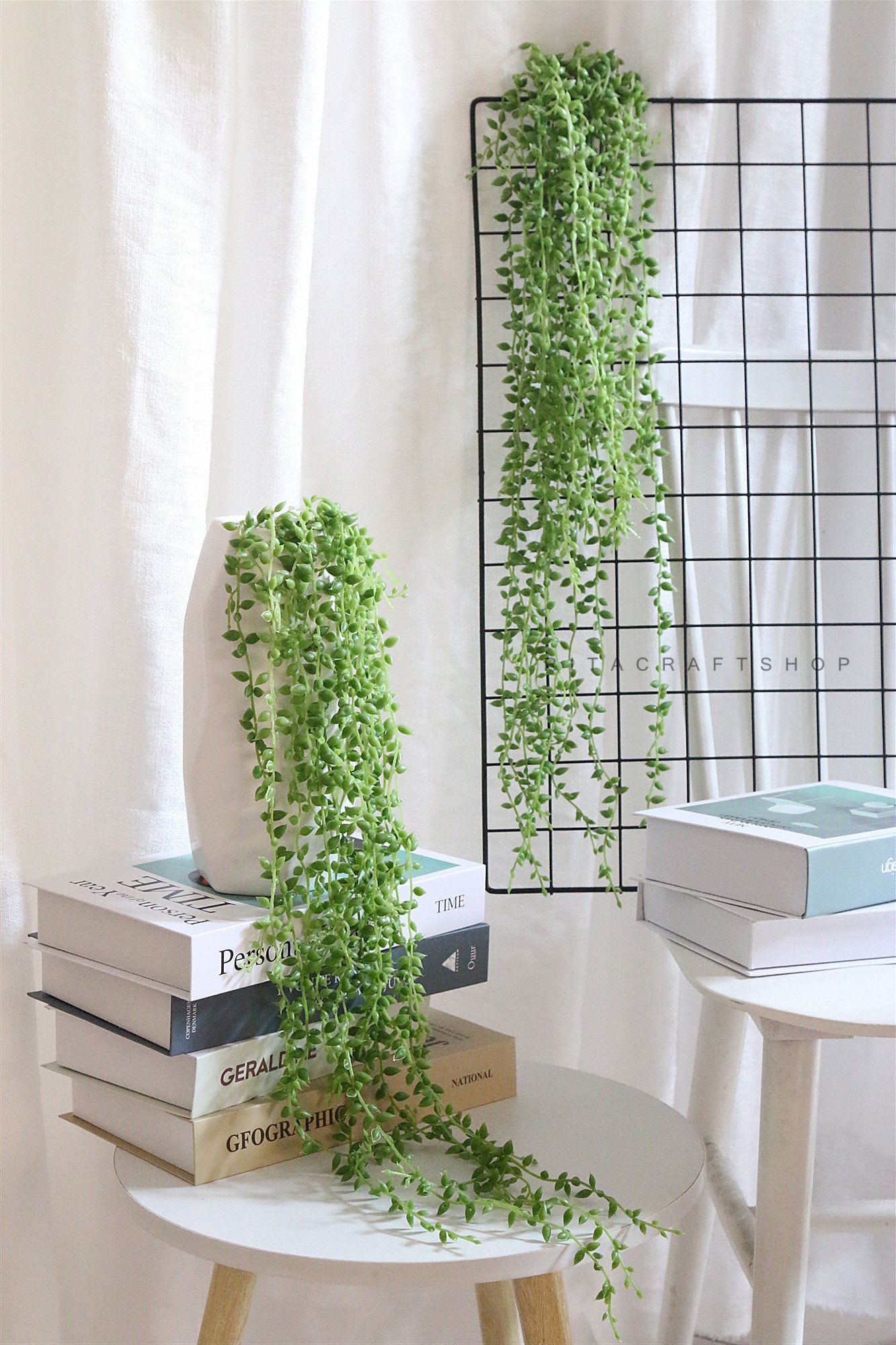 Artificial String of Pearls Plants in White Ceramic Wall-Hanging