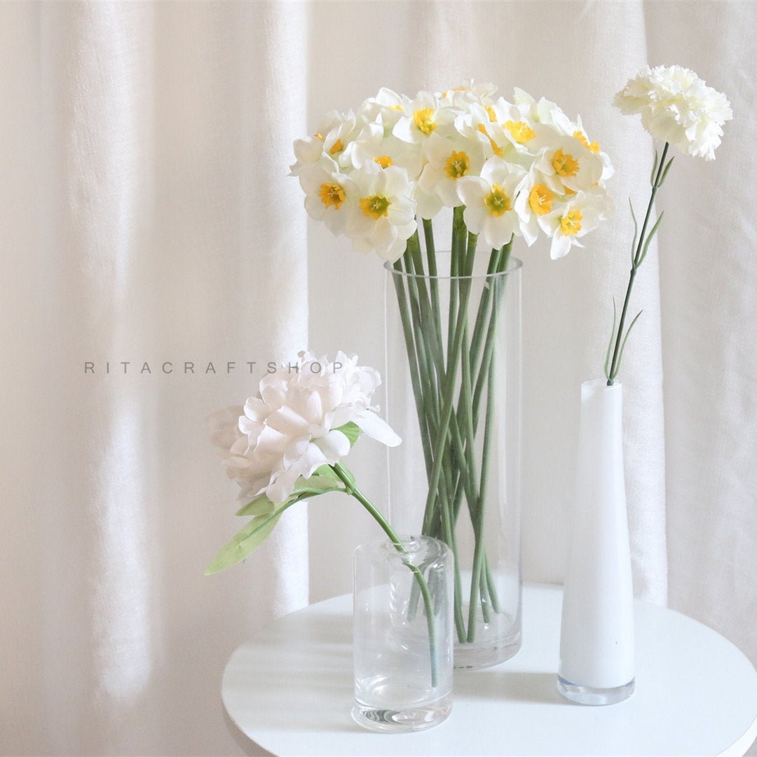 1 Pcs Artificial Daffodil Spray Yellow Faux White Daffodil Bouquet Fake Flower Arrangement ...