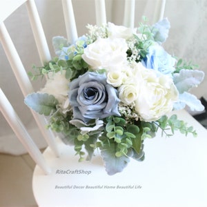 Blue and White Wedding Bouquet  Sage Green Boho Wedding Flower Bouquet Set Summer Spring Wedding