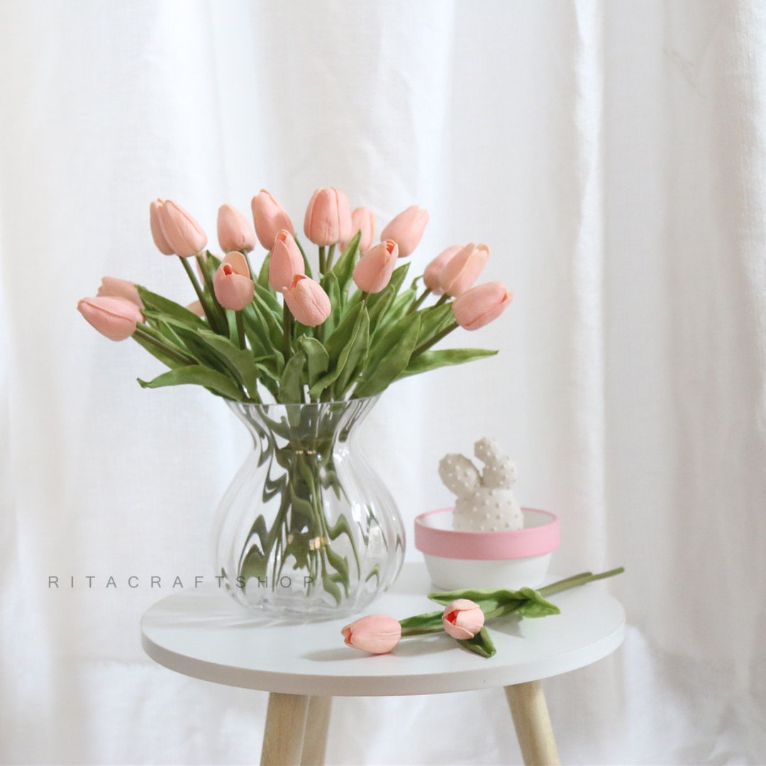 10 Stems Real Touch Faux Tulip Pink Artificial Tulip Fake Flower Arrangement Centerpiece Wedding ...