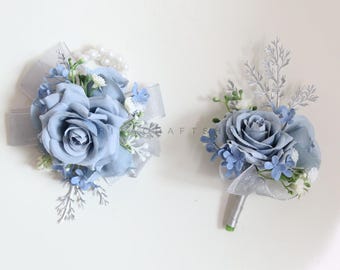 Ramillete de rosa artificial azul polvoriento, ramo de novia, ramo de dama de honor, boutonniere de caballero, ramo de novio para graduación
