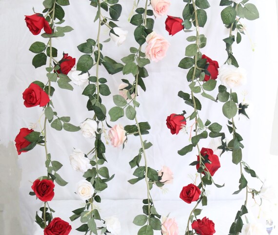 Artificial Rose Garland Fake Hanging Flower Vines Faux Rose Wedding Backdrop Wall Decor Arch Arrangement