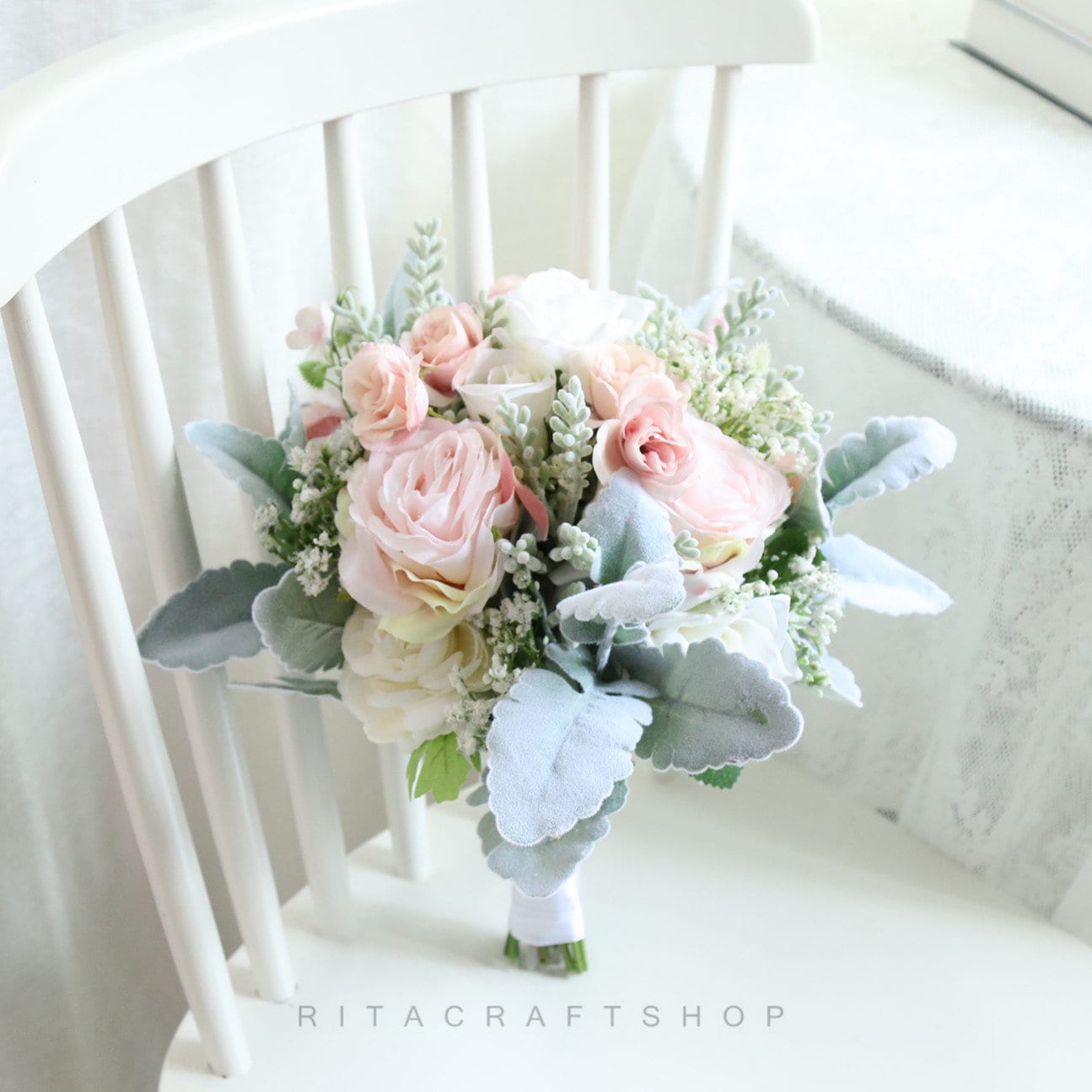 Light Pink and White Babysbreath Wedding Bouquet with Lamb's Ear Leaves Sage Green Boho Wedding Flower Bouquet Set
