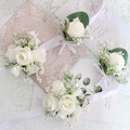 Artificial White Rose Babys breath Corsage Eucalyptus Leaves Wedding Corsage Bridal Bridesmaid Corsage Gents Boutonniere Grooms Buttonhole