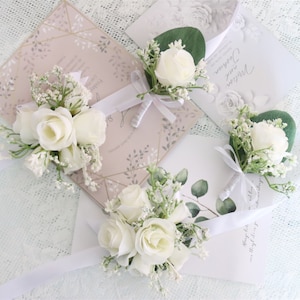 Artificial White Rose Babys breath Corsage Eucalyptus Leaves Wedding Corsage Bridal Bridesmaid Corsage Gents Boutonniere Grooms Buttonhole