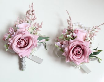 Artificial Dusty Pink Rose Corsage Wedding Corsage Bridesmaid Corsage Gents Boutonniere Groom Buttonhole Prom Corsage