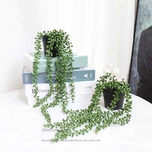 New!So Cute!Artificial Succulent String of Tears Hanging Plant in Pot Faux Greenery Potted Fake Plant Bookshelf living Room office Decor
