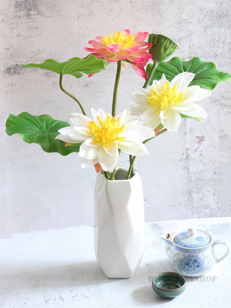 Artificial Lotus White Flower Faux Tropical Plants Stems Fake Etsy