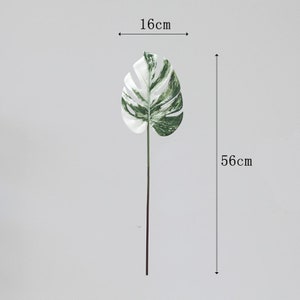 Op de afbeelding: Een enkel kunstmatig wit en groen monstera blad op een bruine stengel. Het blad is 16 cm breed en de stengel is 56 cm lang.