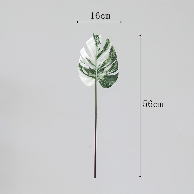 Op de afbeelding: Een enkel kunstmatig wit en groen monstera blad op een bruine stengel. Het blad is 16 cm breed en de stengel is 56 cm lang.