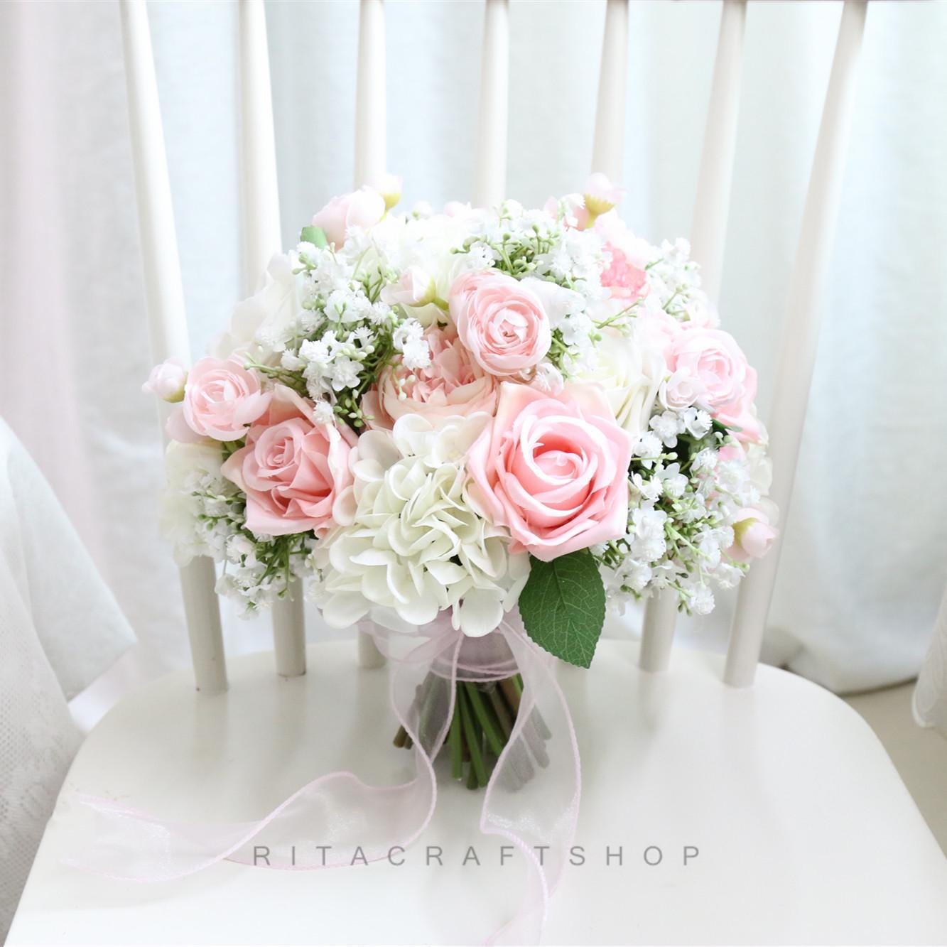 Artificial Pink Baby's breath Wedding Bouquet Pink and White Rose Bouquet Bridal Bridesmaid Bouquet Set Spring Summer Wedding Silk Flower