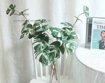 Long stem Artificial Monstera variegated white tiger albo Leaves Stem Faux Tropical Plant Fake Leaves Branch Home Decor Flower Arrangement