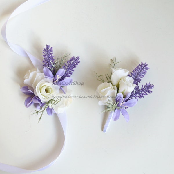 Corsage artificiel blanc et violet lavande corsage de mariage mariée demoiselle d'honneur corsage hommes ensemble de boutonnières marié boutonnière bal