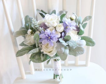 Lavender and Cream White Bouquet/ Purple Blue White/ Wedding Bouquet /Sage Green leaves Rose Carnation Lamb&#39;s Ear leaves