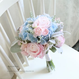Artificial Pink and Blue Wedding Bouquet Rose Peony Dusty Green Bouquet Bridal Bridesmaid Bouquet Set Spring