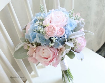 Artificial Pink and Blue Wedding Bouquet Rose Peony Dusty Green Bouquet Bridal Bridesmaid Bouquet Set Spring