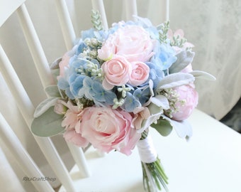 Artificial Pink and Blue Wedding Bouquet Rose Peony Dusty Green Bouquet Bridal Bridesmaid Bouquet Set Spring Summer Wedding Silk Flower