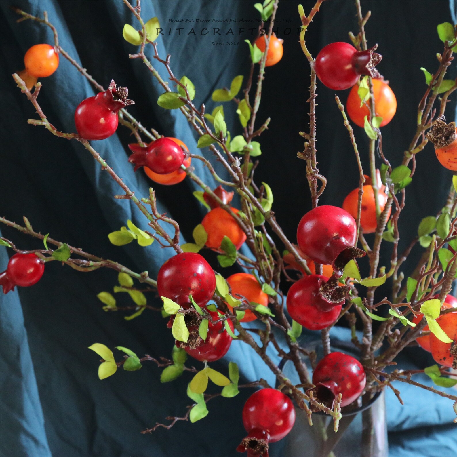 3 stems Artificial Pomegranate Stem Fake Fruit Spray Faux Etsy