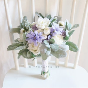 Lavender and Cream White Bouquet/ Light Purple Blue White/ Wedding Bouquet /Sage Green leaves Rose Carnation Lamb's Ear leaves