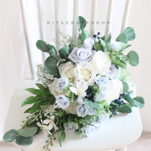 Artificial Cascade Wedding Bouquet Blue and White Cascading Bridal Bouquet Boho Wedding Blue Flower Bouquet Eucalyptus leaves