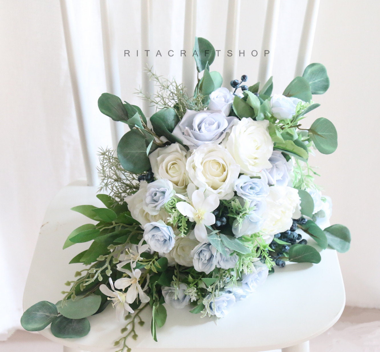 Artificial Cascade Wedding Bouquet Blue and White Cascading Bridal Bouquet Boho Wedding Blue Flower Bouquet Eucalyptus leaves