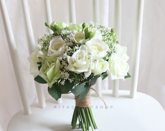Artificial Wedding Bouquet White and Green Bouquet Bridal Bridesmaid Bouquet Rose Babysbreath Spring Summer Wedding Silk Flower Bouquet