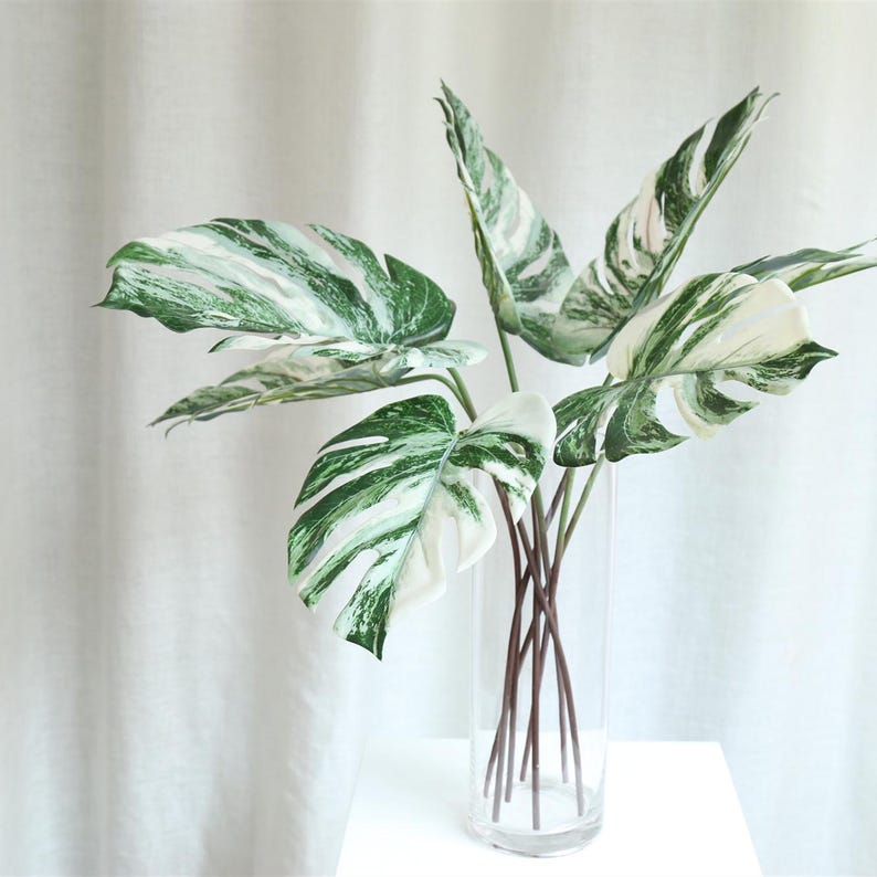 Op de afbeelding: Een boeket van kunstmatige witte en groene bonte monstera bladeren in een heldere glazen vaas.