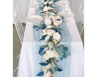 Champagne bleu et blanc mariage guirlande fleur guirlande Rose Eucalyptus feuilles Table Runner mariage fleur Decor automne hiver mariage